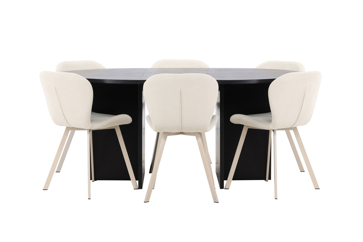 Runder Esstisch Strada aus MDF in White Wash mit sechs Lilja Stühlen, Esszimmerset von Venture Home in schlichtem Design