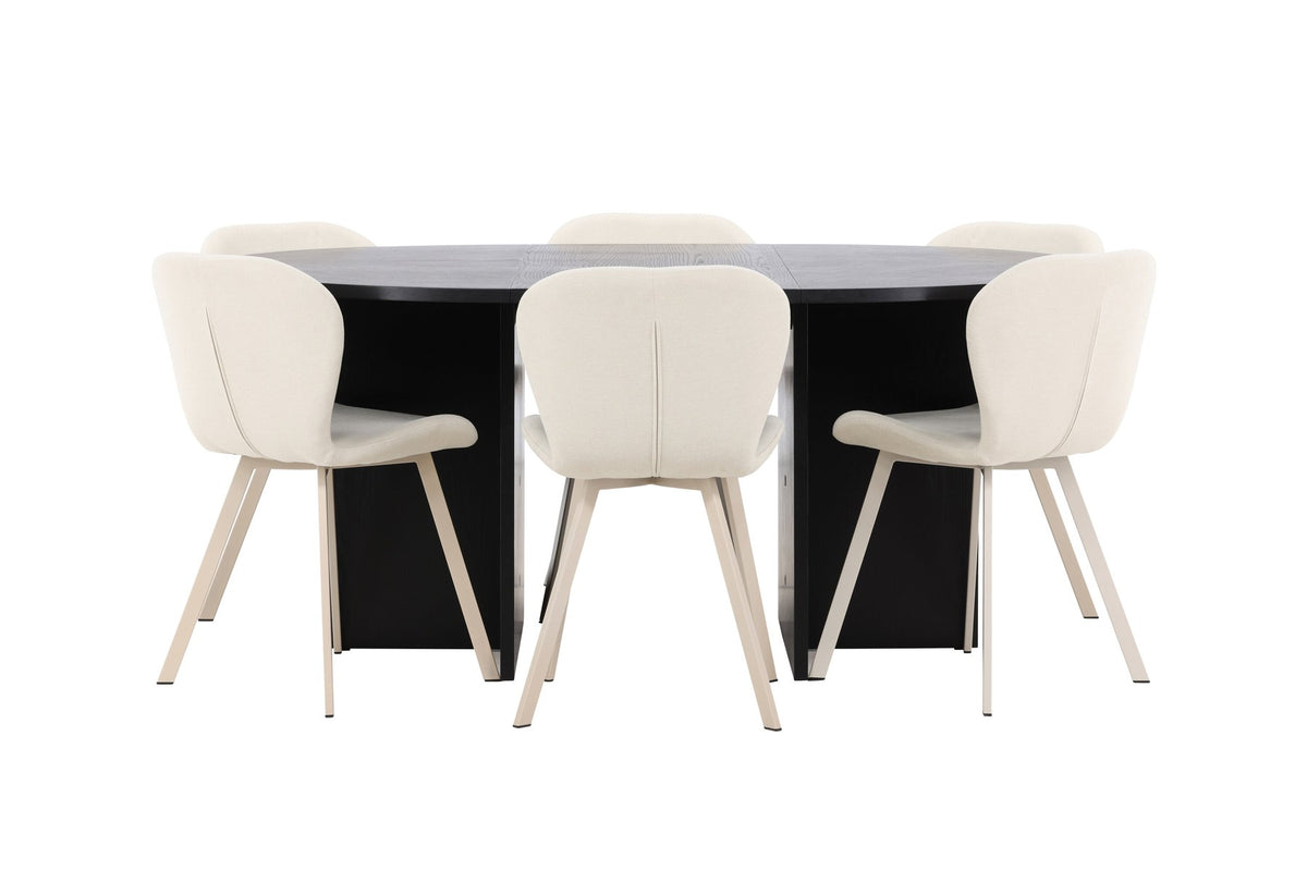 Runder Esstisch Strada aus MDF in White Wash mit sechs Lilja Stühlen, Esszimmerset von Venture Home in schlichtem Design