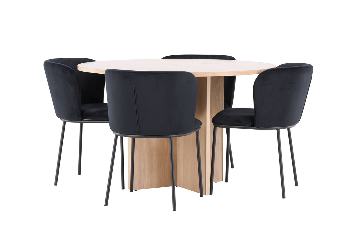 Schwarzer Esstisch Strada aus MDF mit sechs Edina Stühlen mit Samtbezug, ausziehbare Tischplatte, skandinavisches Design von Venture Home.