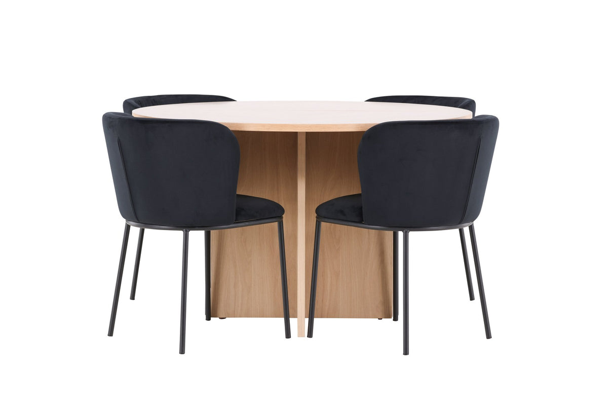 Schwarzer Esstisch Strada aus MDF mit sechs Edina Stühlen mit Samtbezug, ausziehbare Tischplatte, skandinavisches Design von Venture Home.