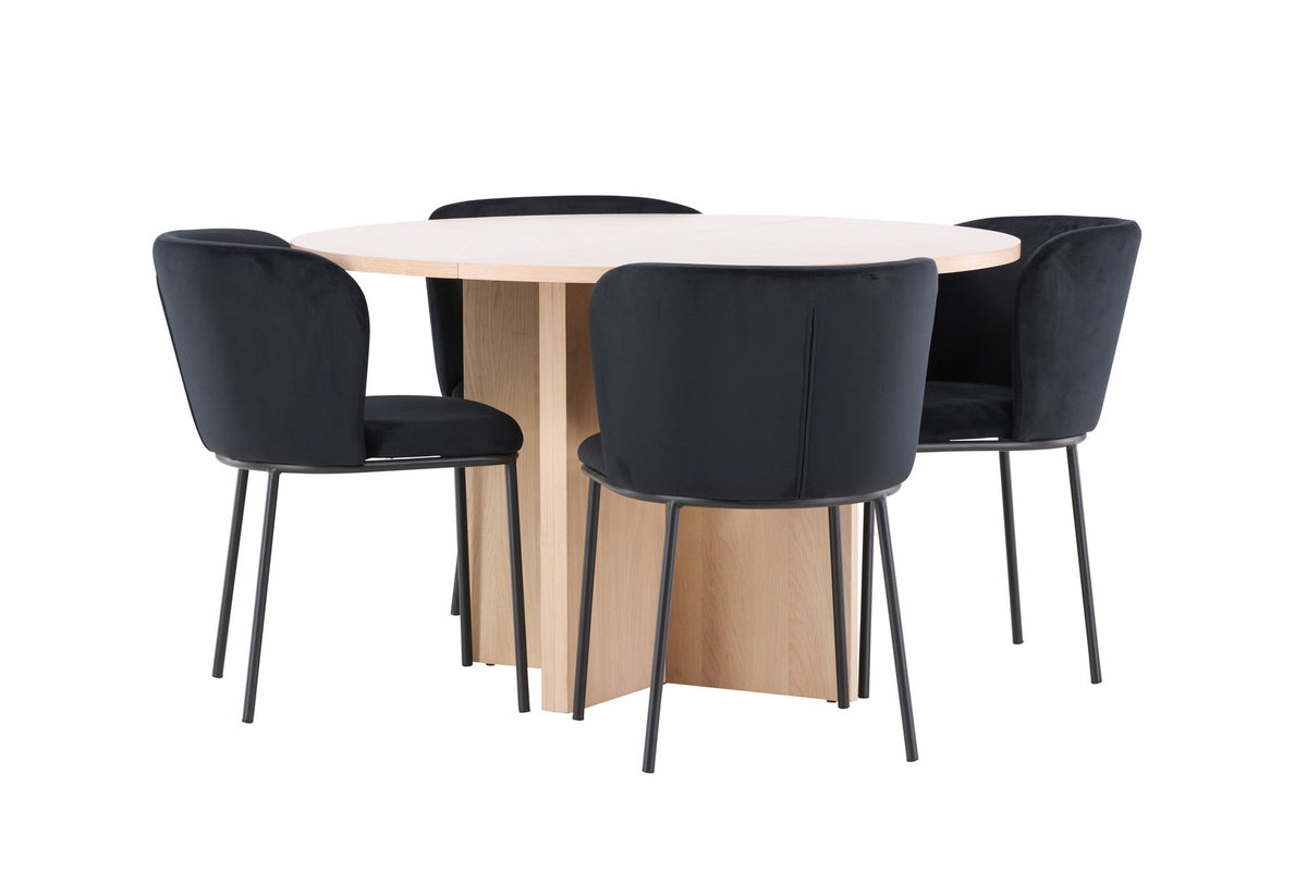 Schwarzer Esstisch Strada aus MDF mit sechs Edina Stühlen mit Samtbezug, ausziehbare Tischplatte, skandinavisches Design von Venture Home.
