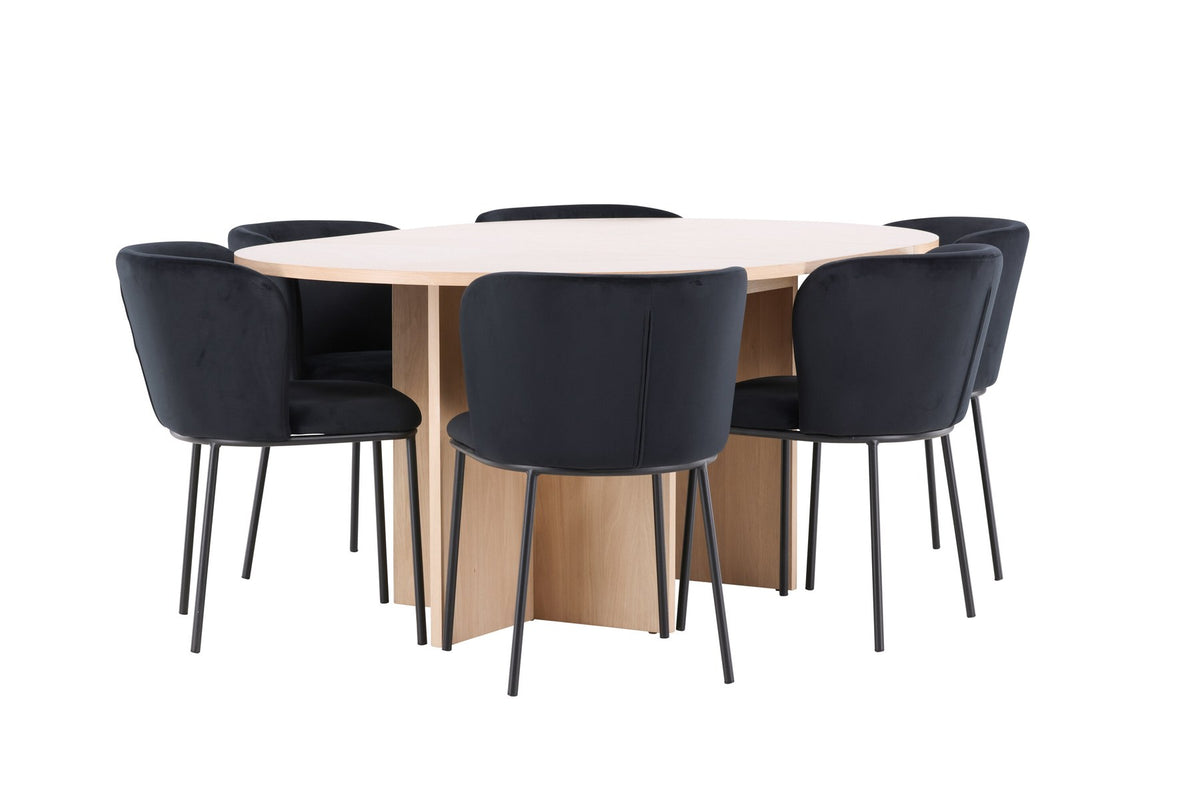 Schwarzer Esstisch Strada aus MDF mit sechs Edina Stühlen mit Samtbezug, ausziehbare Tischplatte, skandinavisches Design von Venture Home.