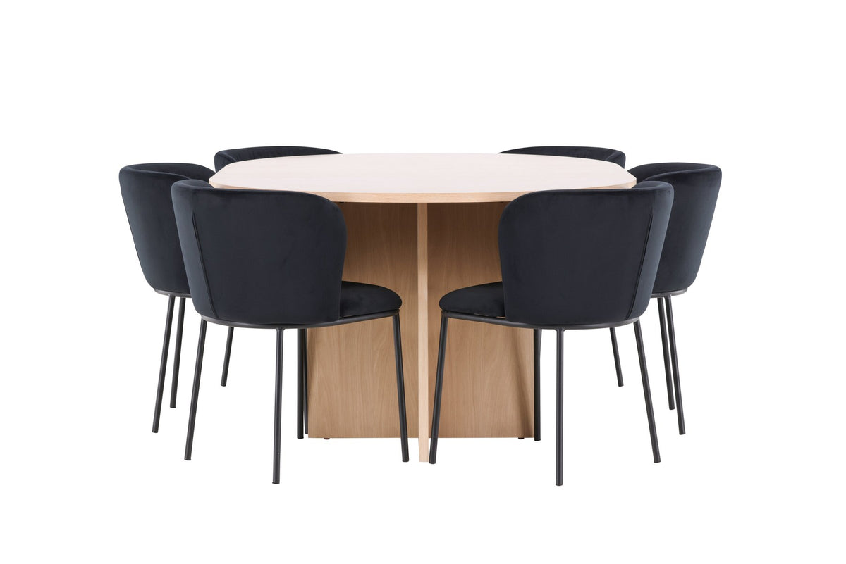 Schwarzer Esstisch Strada aus MDF mit sechs Edina Stühlen mit Samtbezug, ausziehbare Tischplatte, skandinavisches Design von Venture Home.