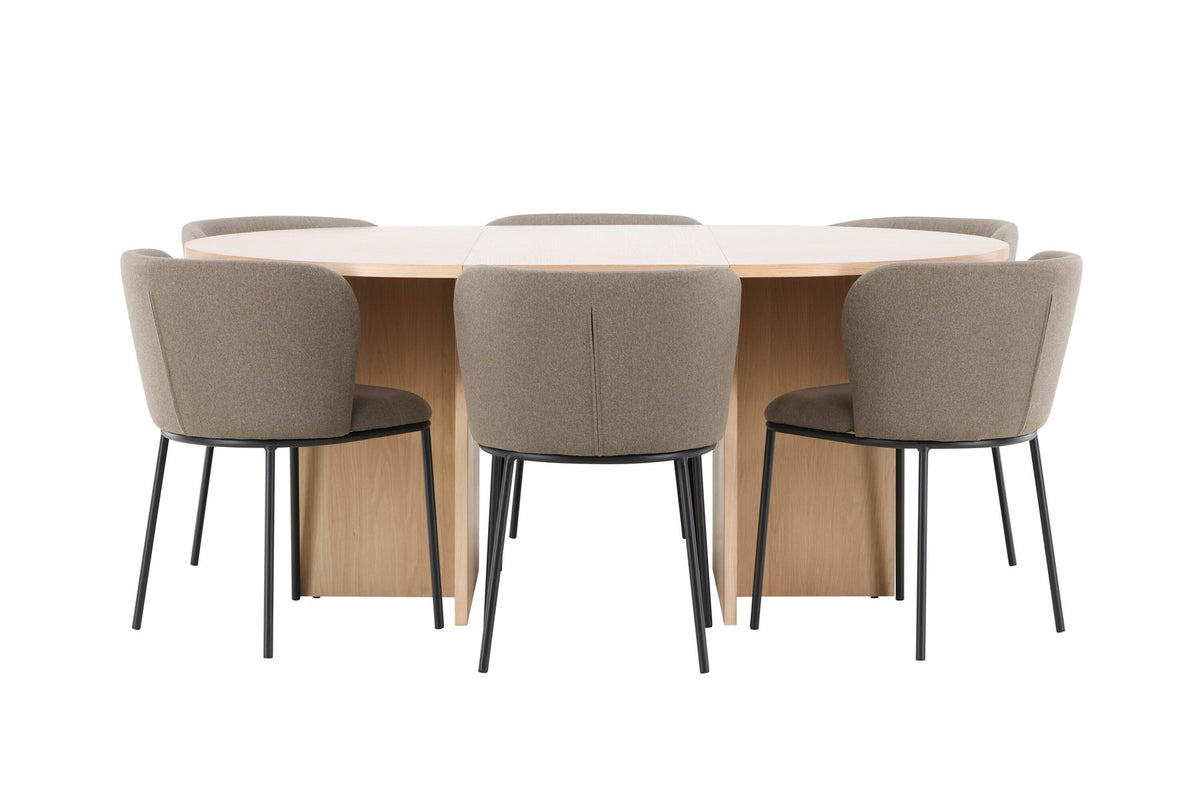 Schwarzer Esstisch Strada aus MDF mit sechs Edina Stühlen mit Samtbezug, ausziehbare Tischplatte, skandinavisches Design von Venture Home.