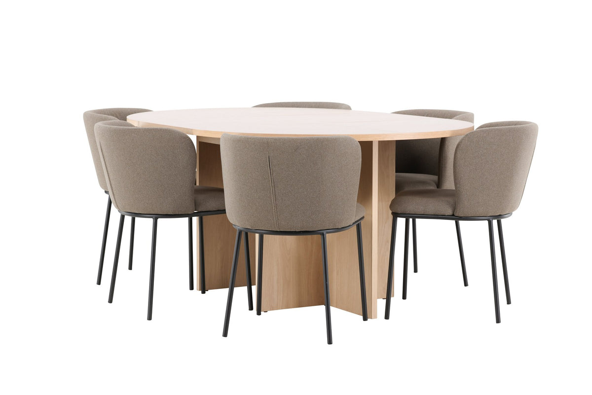 Schwarzer Esstisch Strada aus MDF mit sechs Edina Stühlen mit Samtbezug, ausziehbare Tischplatte, skandinavisches Design von Venture Home.