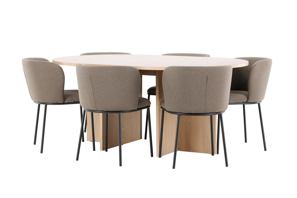 Schwarzer Esstisch Strada aus MDF mit sechs Edina Stühlen mit Samtbezug, ausziehbare Tischplatte, skandinavisches Design von Venture Home.