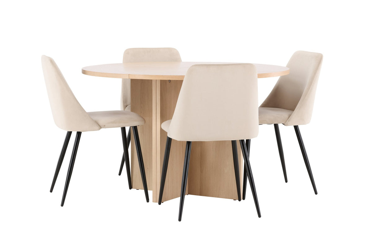 Runder Esstisch Strada aus MDF mit sechs Night-Stühlen mit Samtpolsterung und schwarzen Beinen, Esszimmerset von Venture Home