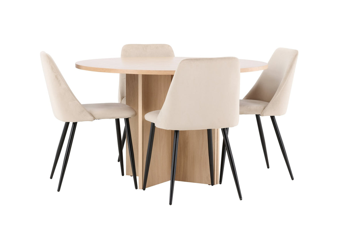Runder Esstisch Strada aus MDF mit sechs Night-Stühlen mit Samtpolsterung und schwarzen Beinen, Esszimmerset von Venture Home