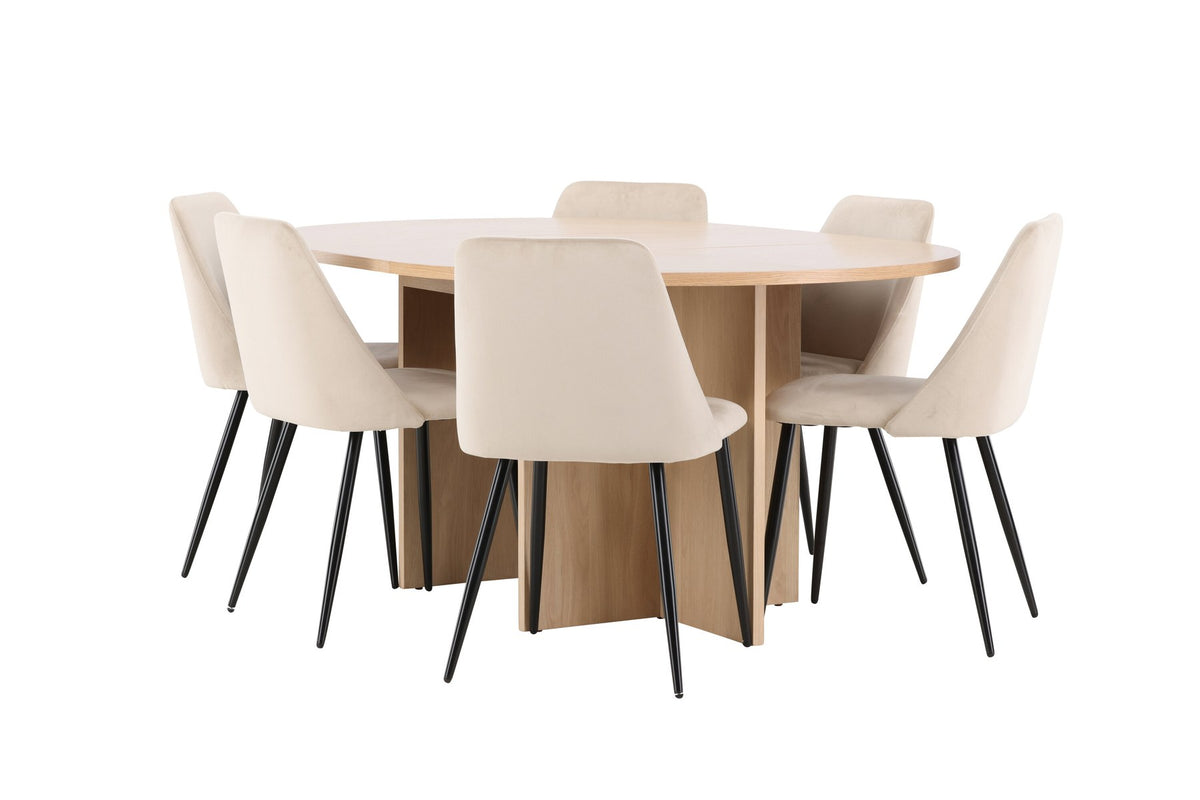 Runder Esstisch Strada aus MDF mit sechs Night-Stühlen mit Samtpolsterung und schwarzen Beinen, Esszimmerset von Venture Home