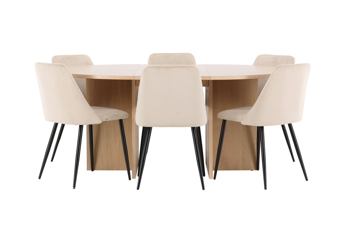 Runder Esstisch Strada aus MDF mit sechs Night-Stühlen mit Samtpolsterung und schwarzen Beinen, Esszimmerset von Venture Home