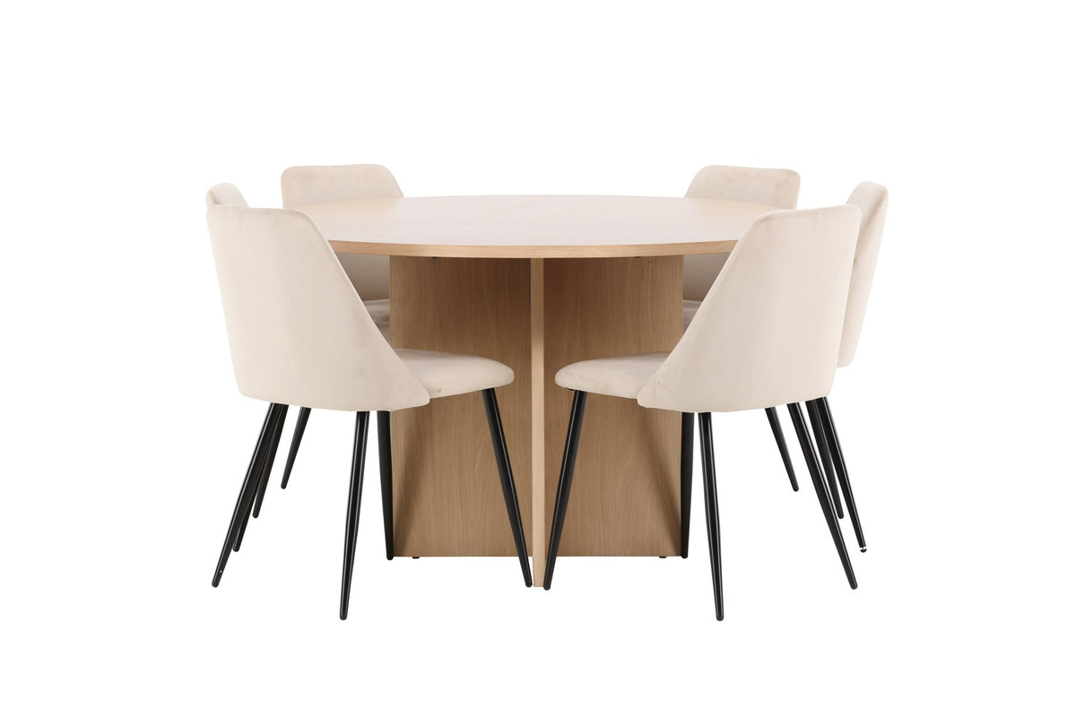 Runder Esstisch Strada aus MDF mit sechs Night-Stühlen mit Samtpolsterung und schwarzen Beinen, Esszimmerset von Venture Home