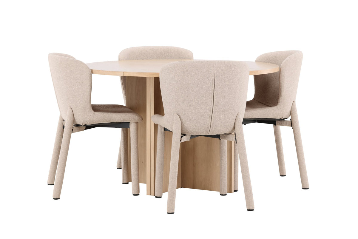 Rundes Esstischset Strada mit sechs Astoria-Stühlen aus MDF und Bouclé-Bezug, Ausführung Schwarz oder White Wash, sechs Sitzplätze