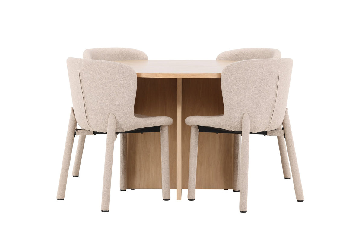 Rundes Esstischset Strada mit sechs Astoria-Stühlen aus MDF und Bouclé-Bezug, Ausführung Schwarz oder White Wash, sechs Sitzplätze