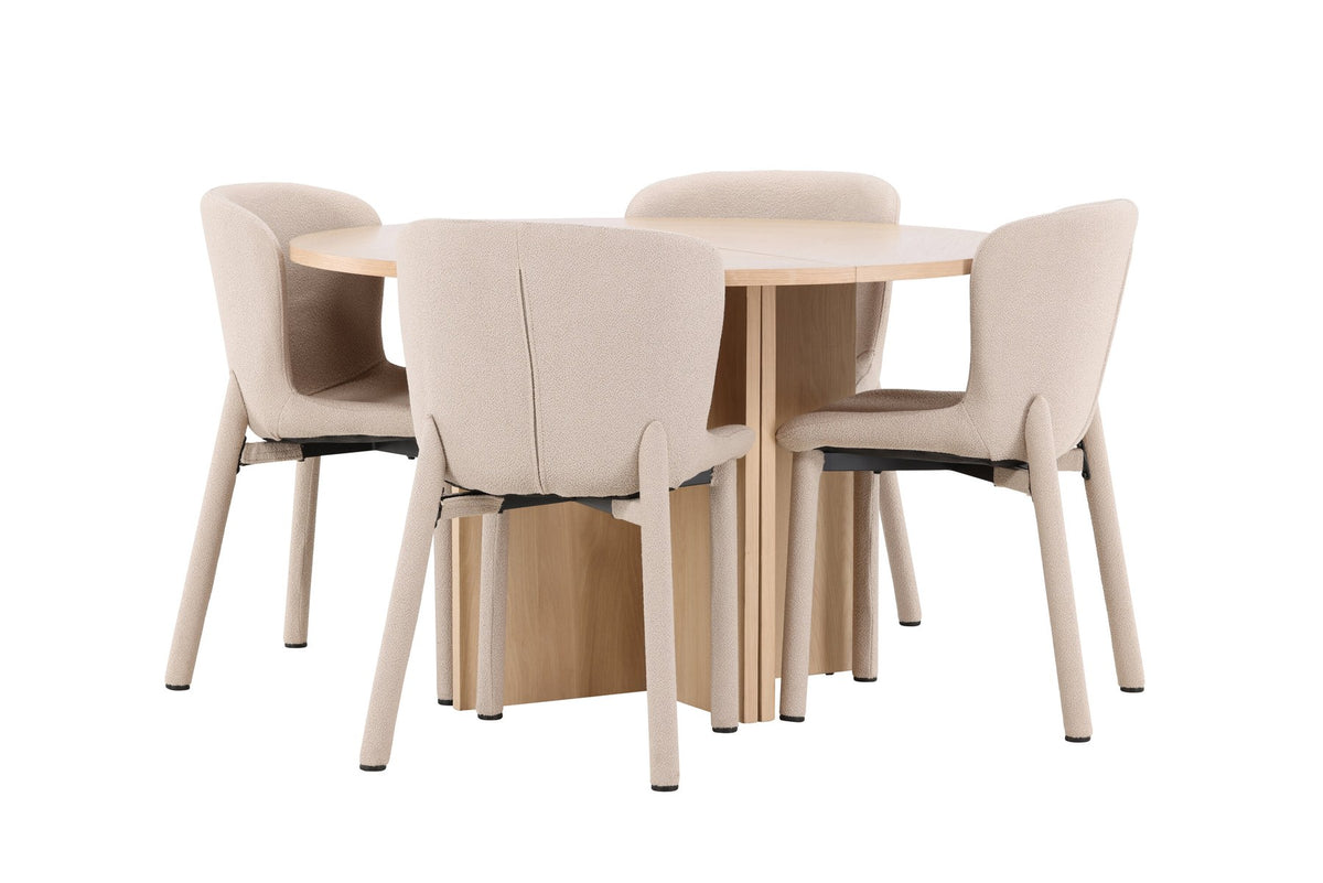 Rundes Esstischset Strada mit sechs Astoria-Stühlen aus MDF und Bouclé-Bezug, Ausführung Schwarz oder White Wash, sechs Sitzplätze