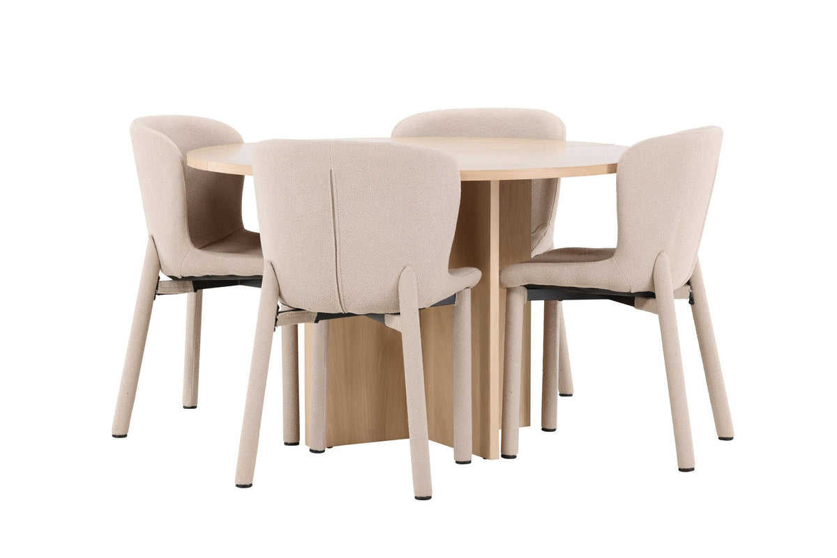 Rundes Esstischset Strada mit sechs Astoria-Stühlen aus MDF und Bouclé-Bezug, Ausführung Schwarz oder White Wash, sechs Sitzplätze