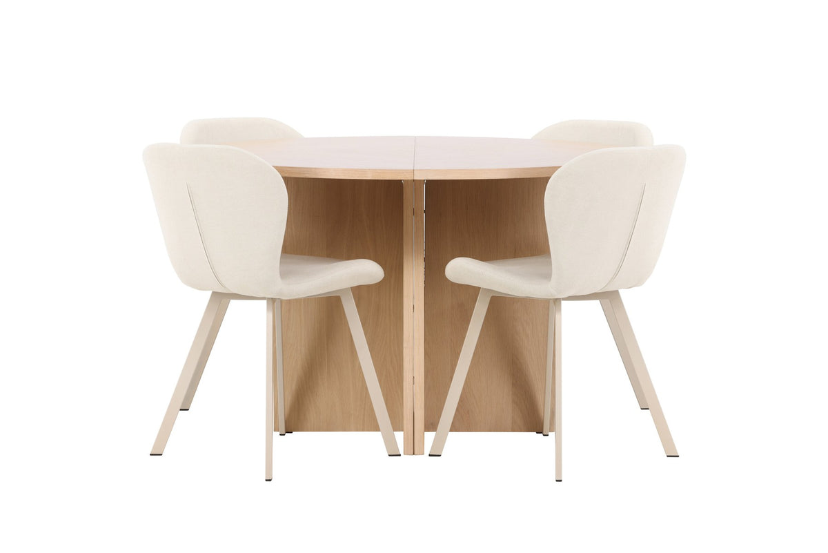 Runder Esstisch Strada aus MDF in White Wash mit sechs Lilja Stühlen, Esszimmerset von Venture Home in schlichtem Design