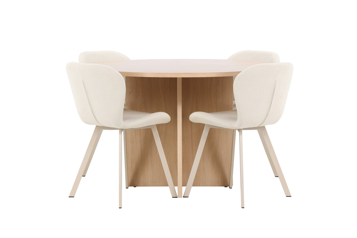 Runder Esstisch Strada aus MDF in White Wash mit sechs Lilja Stühlen, Esszimmerset von Venture Home in schlichtem Design