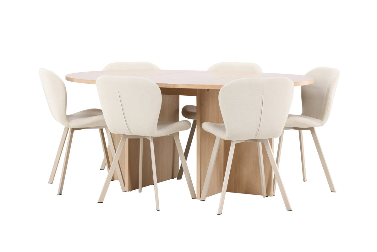 Runder Esstisch Strada aus MDF in White Wash mit sechs Lilja Stühlen, Esszimmerset von Venture Home in schlichtem Design