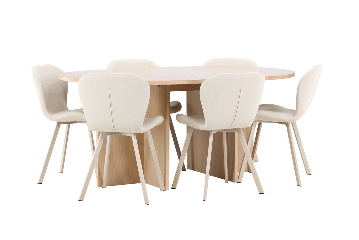 Runder Esstisch Strada aus MDF in White Wash mit sechs Lilja Stühlen, Esszimmerset von Venture Home in schlichtem Design