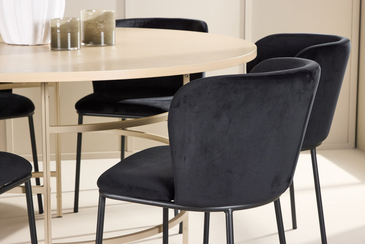 Rundes Esszimmerset Copenhagen von Venture Home: Esstisch aus MDF in White Wash mit sechs Edina Stühlen mit Metallgestell