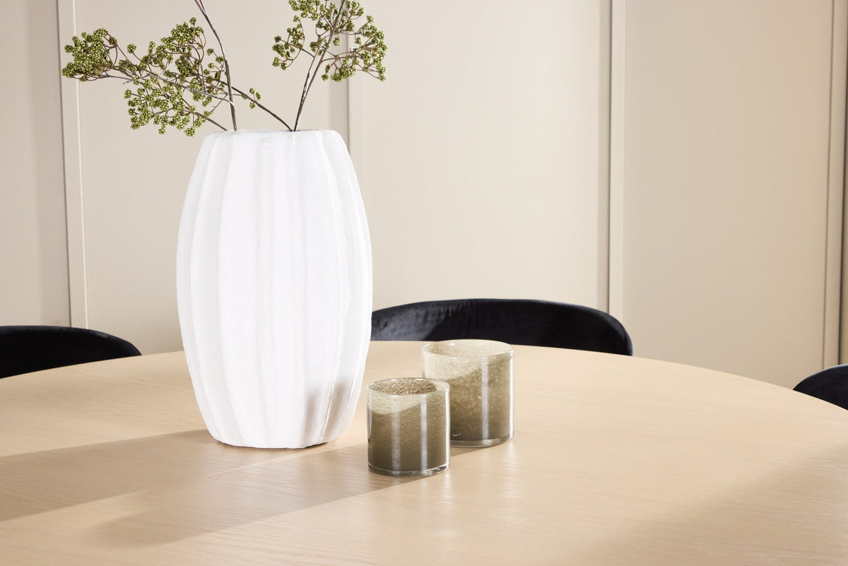 Rundes Esszimmerset Copenhagen von Venture Home: Esstisch aus MDF in White Wash mit sechs Edina Stühlen mit Metallgestell