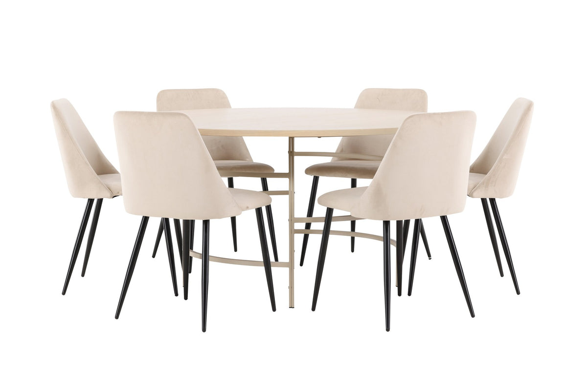 Rundes Esszimmerset Copenhagen mit Nachtstuhl von Venture Home: Tisch aus MDF in White Wash mit Metallgestell und sechs Samt-Stühlen mit schwarzen Beinen.