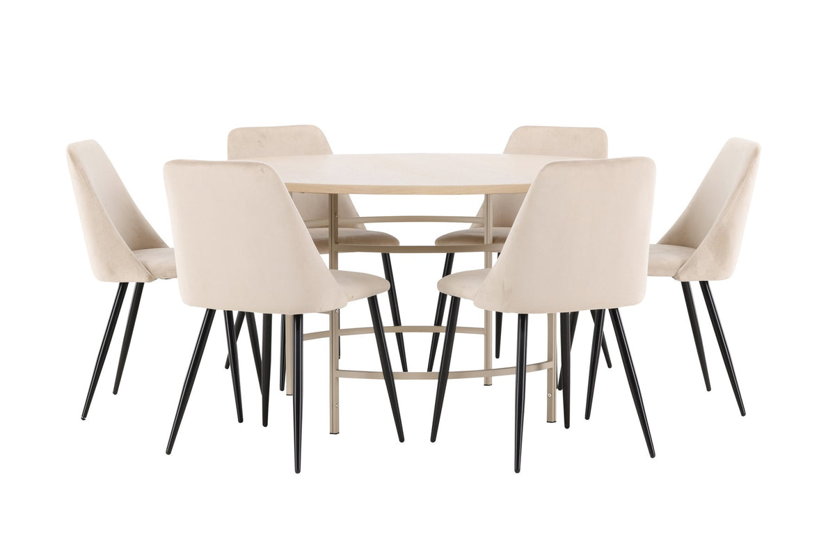 Rundes Esszimmerset Copenhagen mit Nachtstuhl von Venture Home: Tisch aus MDF in White Wash mit Metallgestell und sechs Samt-Stühlen mit schwarzen Beinen.
