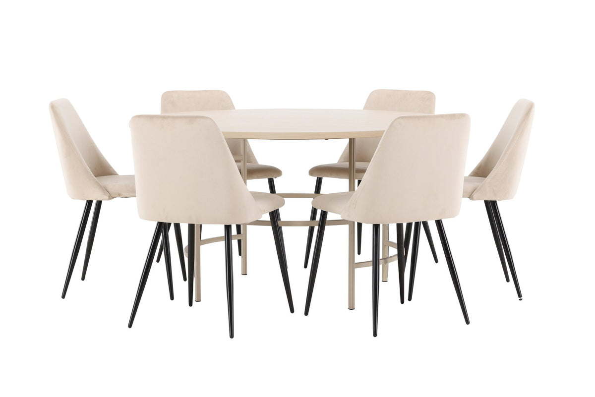 Rundes Esszimmerset Copenhagen mit Nachtstuhl von Venture Home: Tisch aus MDF in White Wash mit Metallgestell und sechs Samt-Stühlen mit schwarzen Beinen.