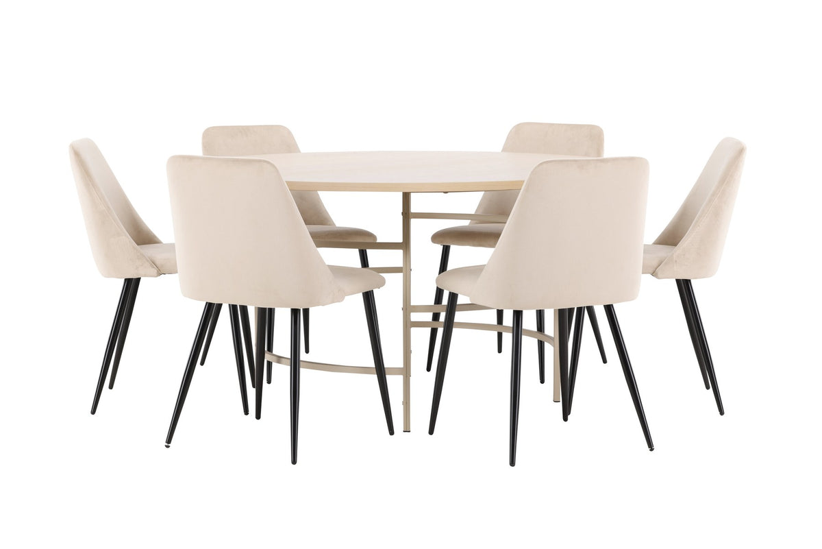 Rundes Esszimmerset Copenhagen mit Nachtstuhl von Venture Home: Tisch aus MDF in White Wash mit Metallgestell und sechs Samt-Stühlen mit schwarzen Beinen.