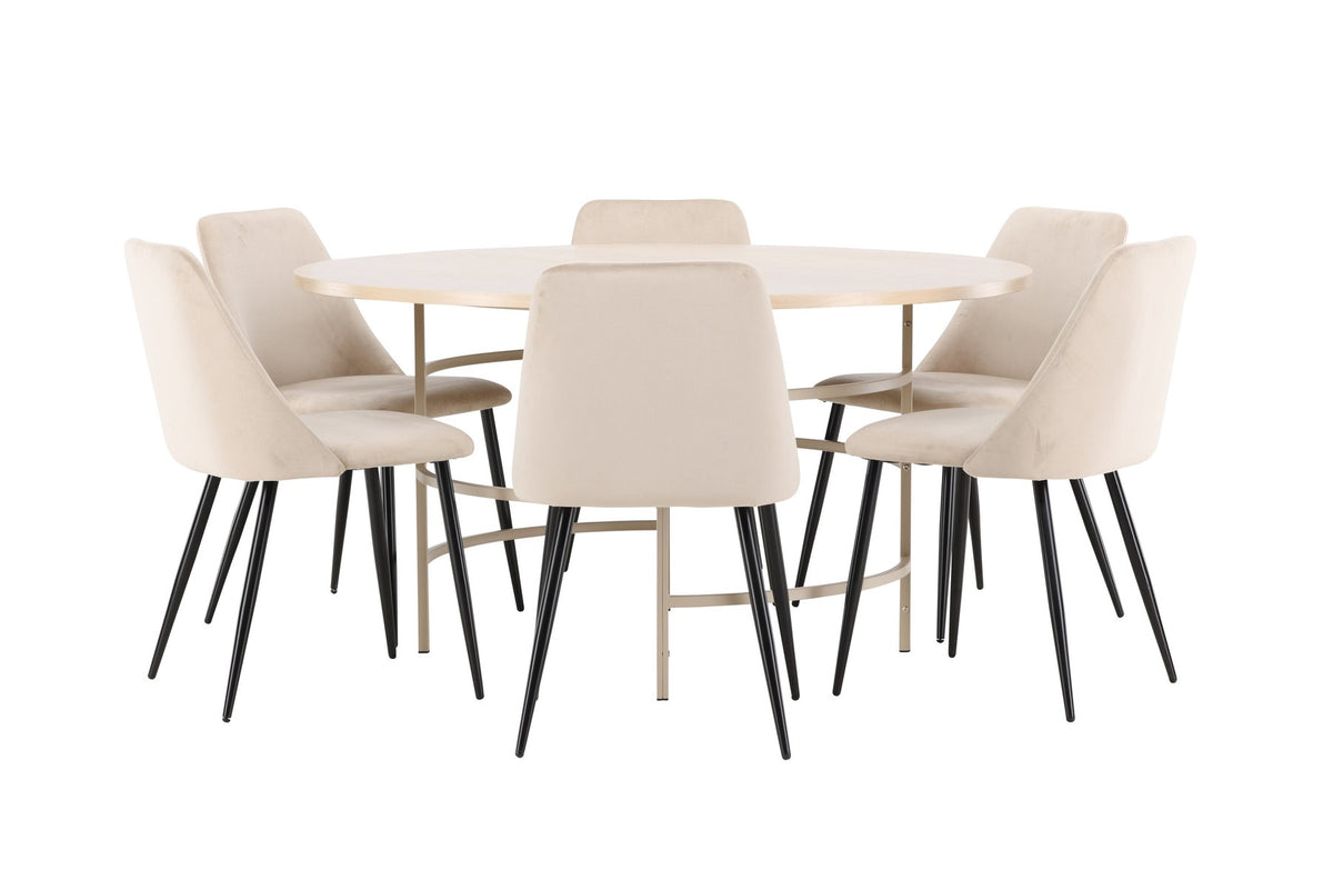 Rundes Esszimmerset Copenhagen mit Nachtstuhl von Venture Home: Tisch aus MDF in White Wash mit Metallgestell und sechs Samt-Stühlen mit schwarzen Beinen.