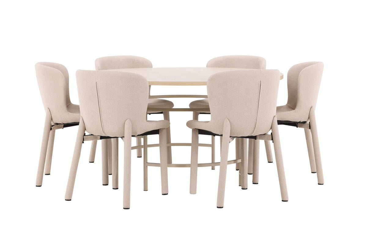 Runder Esstisch Copenhagen aus MDF in White Wash mit sechs Astoria-Stühlen aus Metall mit beiger Bouclé-Polsterung im Esszimmer.