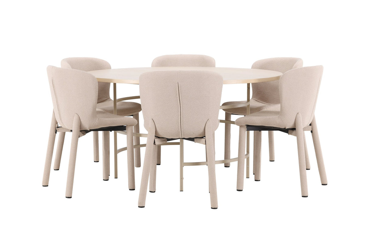 Runder Esstisch Copenhagen aus MDF in White Wash mit sechs Astoria-Stühlen aus Metall mit beiger Bouclé-Polsterung im Esszimmer.