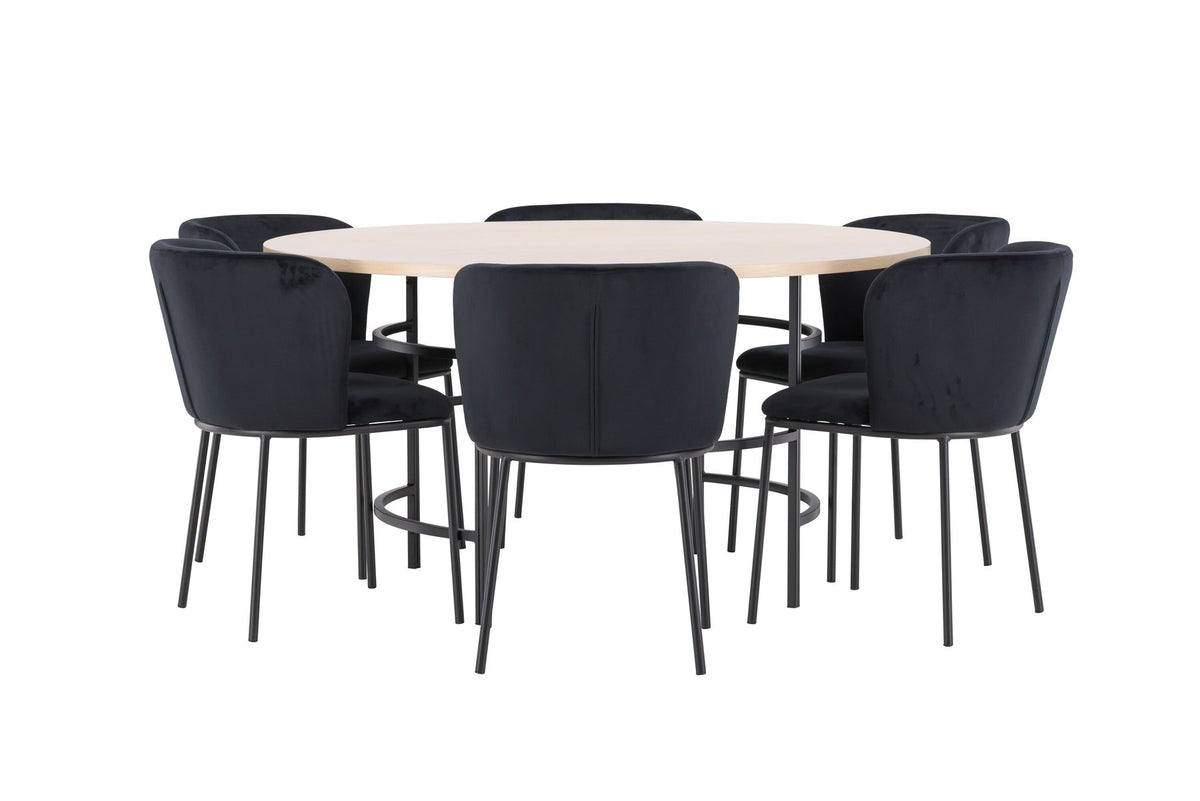 Rundes Esszimmerset Copenhagen von Venture Home: Esstisch aus MDF in White Wash mit sechs Edina Stühlen mit Metallgestell