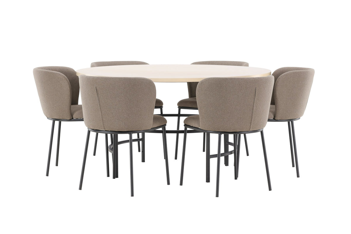 Rundes Esszimmerset Copenhagen von Venture Home: Esstisch aus MDF in White Wash mit sechs Edina Stühlen mit Metallgestell
