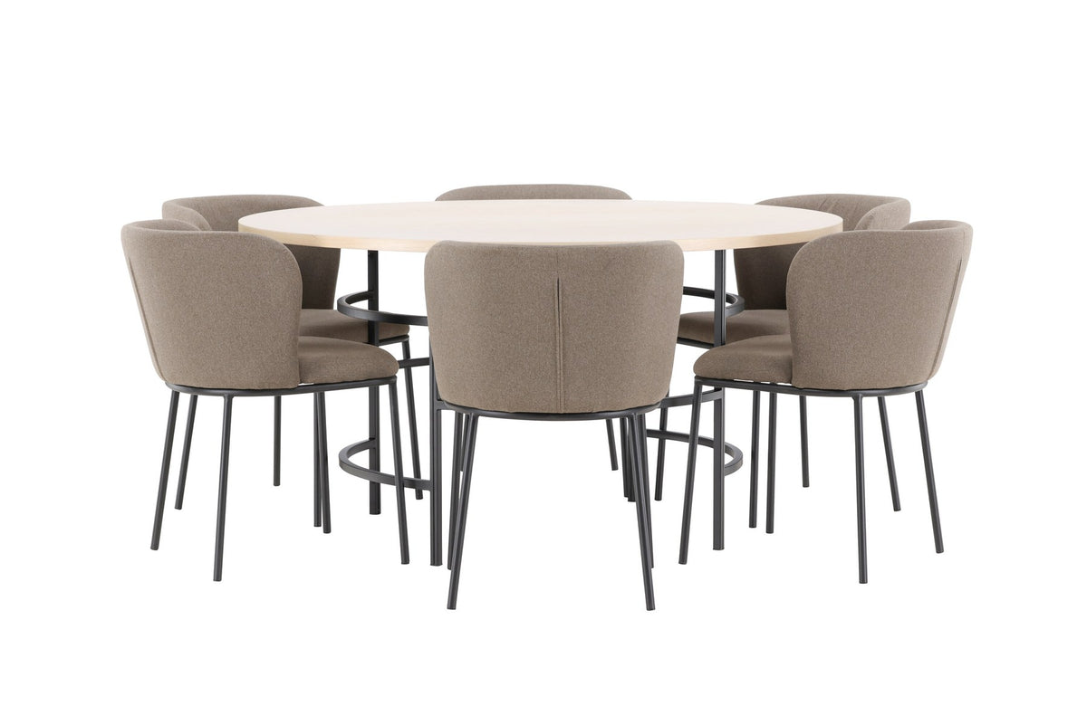 Rundes Esszimmerset Copenhagen von Venture Home: Esstisch aus MDF in White Wash mit sechs Edina Stühlen mit Metallgestell