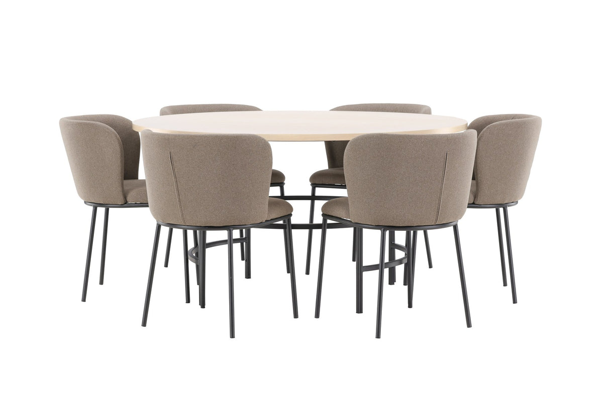 Rundes Esszimmerset Copenhagen von Venture Home: Esstisch aus MDF in White Wash mit sechs Edina Stühlen mit Metallgestell