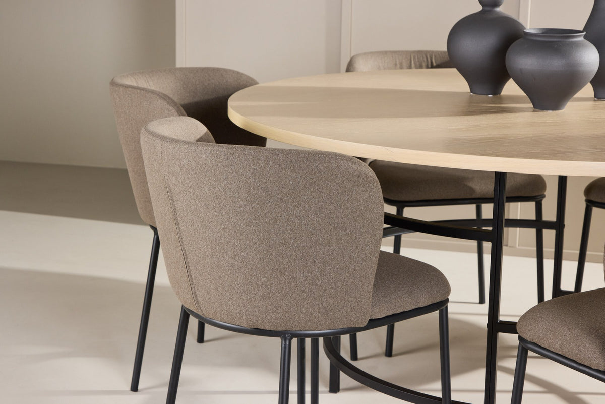 Rundes Esszimmerset Copenhagen von Venture Home: Esstisch aus MDF in White Wash mit sechs Edina Stühlen mit Metallgestell
