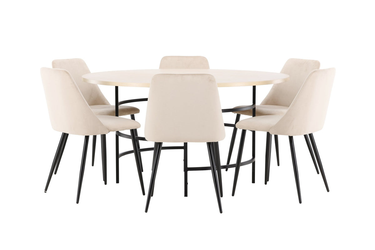 Rundes Esszimmerset Copenhagen mit Nachtstuhl von Venture Home: Tisch aus MDF in White Wash mit Metallgestell und sechs Samt-Stühlen mit schwarzen Beinen.