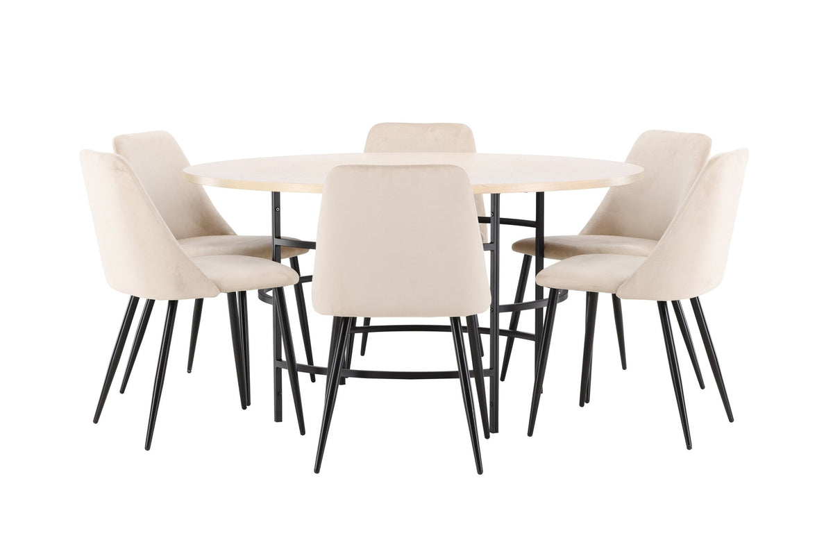 Rundes Esszimmerset Copenhagen mit Nachtstuhl von Venture Home: Tisch aus MDF in White Wash mit Metallgestell und sechs Samt-Stühlen mit schwarzen Beinen.