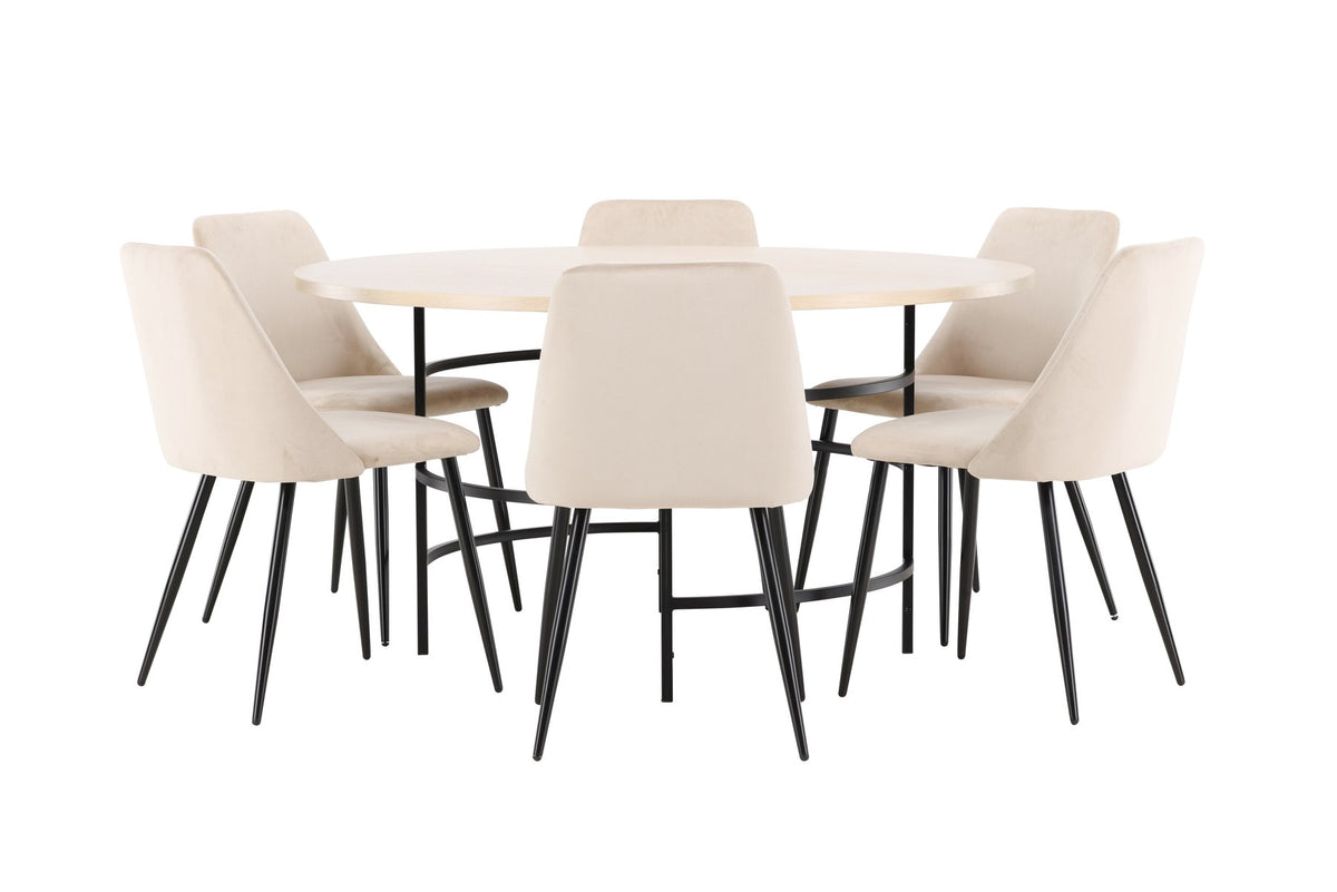 Rundes Esszimmerset Copenhagen mit Nachtstuhl von Venture Home: Tisch aus MDF in White Wash mit Metallgestell und sechs Samt-Stühlen mit schwarzen Beinen.