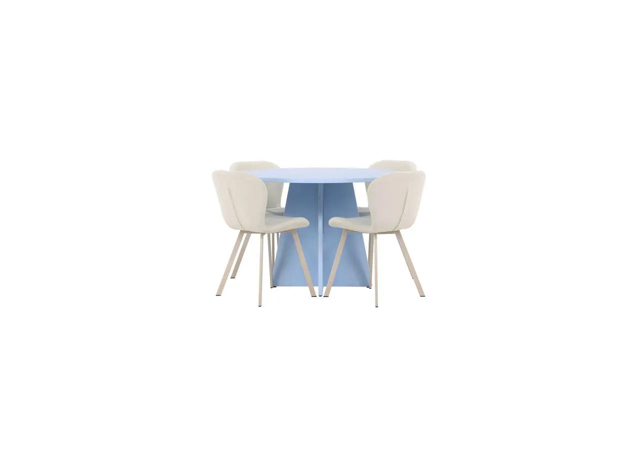 Ein modernes Esszimmerset mit babyblauem Tisch und beigen Stühlen, das Stil und Komfort vereint.