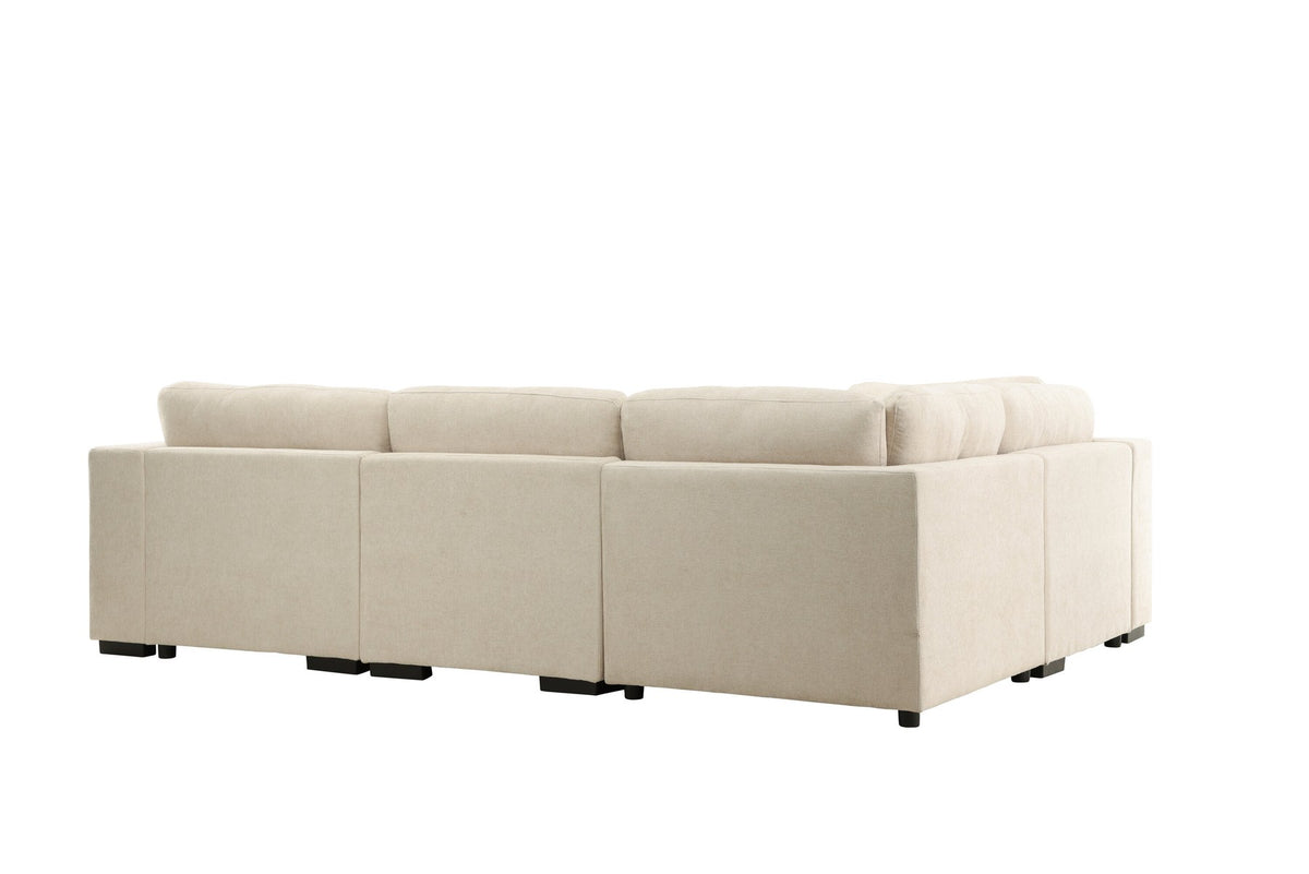 Ecksofa Salerno in Beige mit Polyesterbezug, beigen Kissen und schlanken schwarzen Kunststoffbeinen, Sitzhöhe 47 cm.