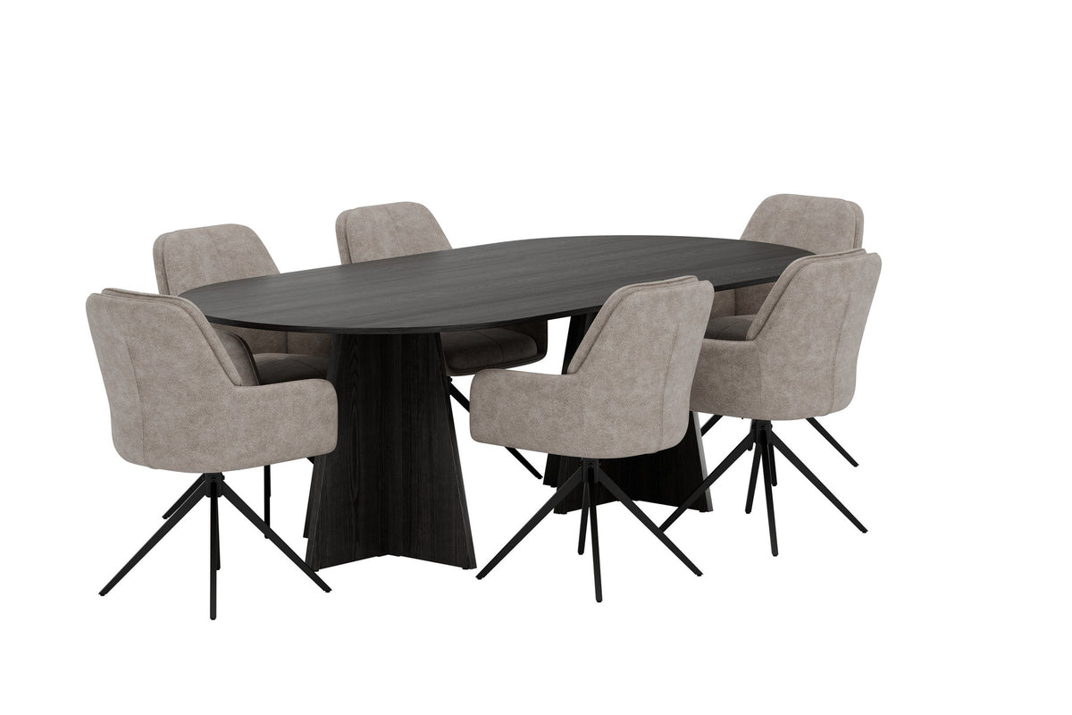 Ovaler Esstisch aus MDF mit Furnier in Schwarz und Metallbeinen, dazu zwei Esszimmerstühle mit braunem Polyesterbezug und schwarzen Beinen.