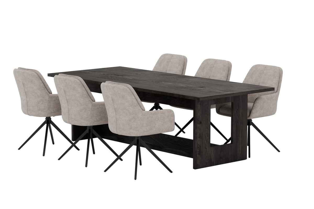 Esszimmerset mit rechteckigem Esstisch aus MDF in Schwarz und zwei gepolsterten Stühlen mit braunem Polyesterbezug und Metallbeinen.