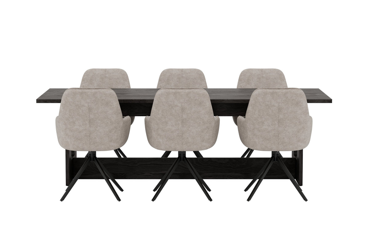 Esszimmerset mit rechteckigem Esstisch aus MDF in Schwarz und zwei gepolsterten Stühlen mit braunem Polyesterbezug und Metallbeinen.