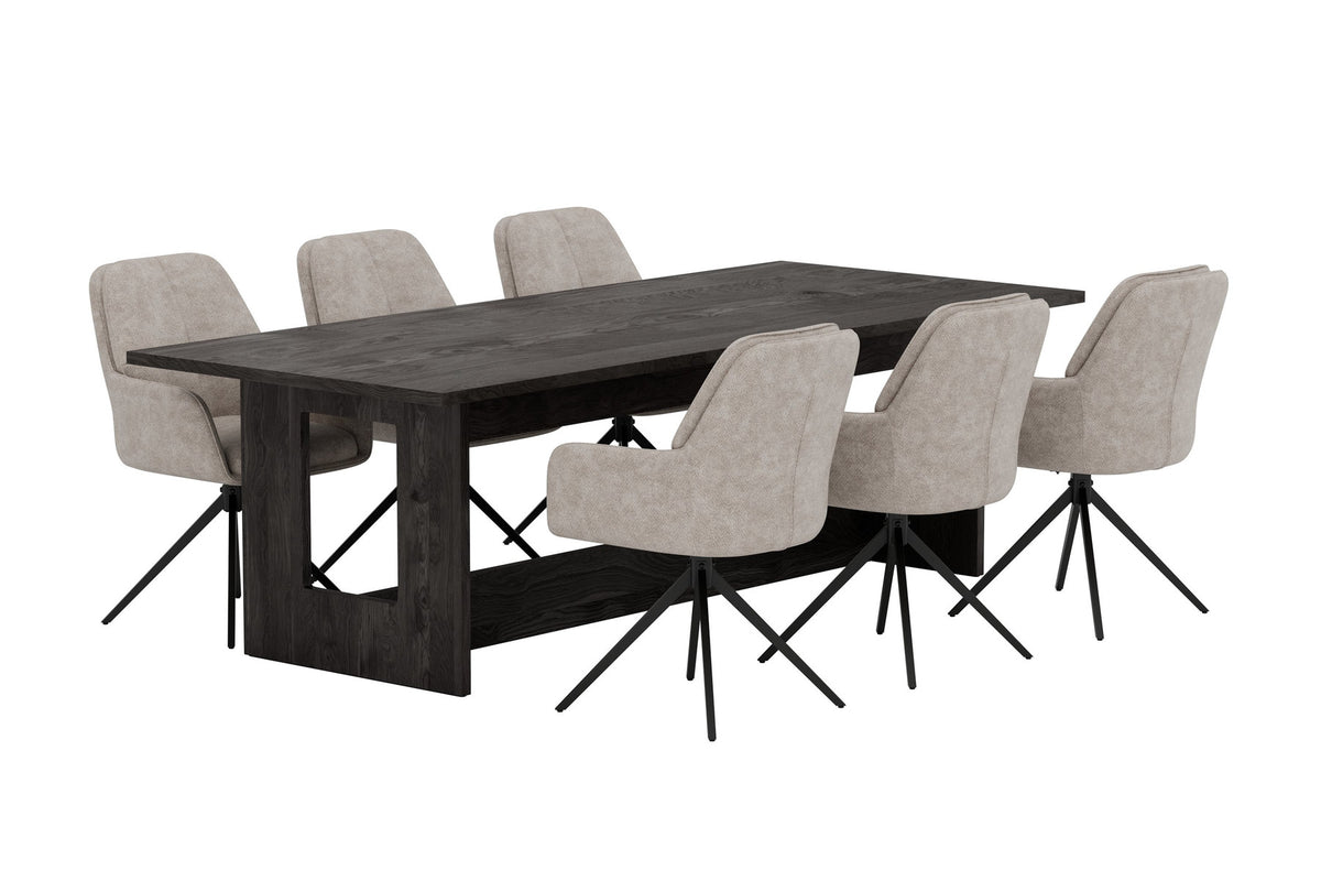 Esszimmerset mit rechteckigem Esstisch aus MDF in Schwarz und zwei gepolsterten Stühlen mit braunem Polyesterbezug und Metallbeinen.