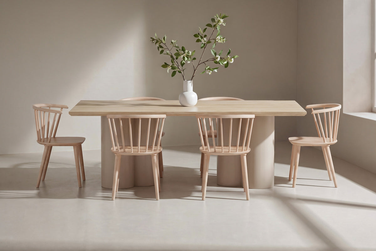 Esszimmerset Whitewash: Rechteckiger Tisch 210x100 cm mit MDF-Platte und zwei Stühle mit abgerundeter Rückenlehne aus Gummibaumholz.