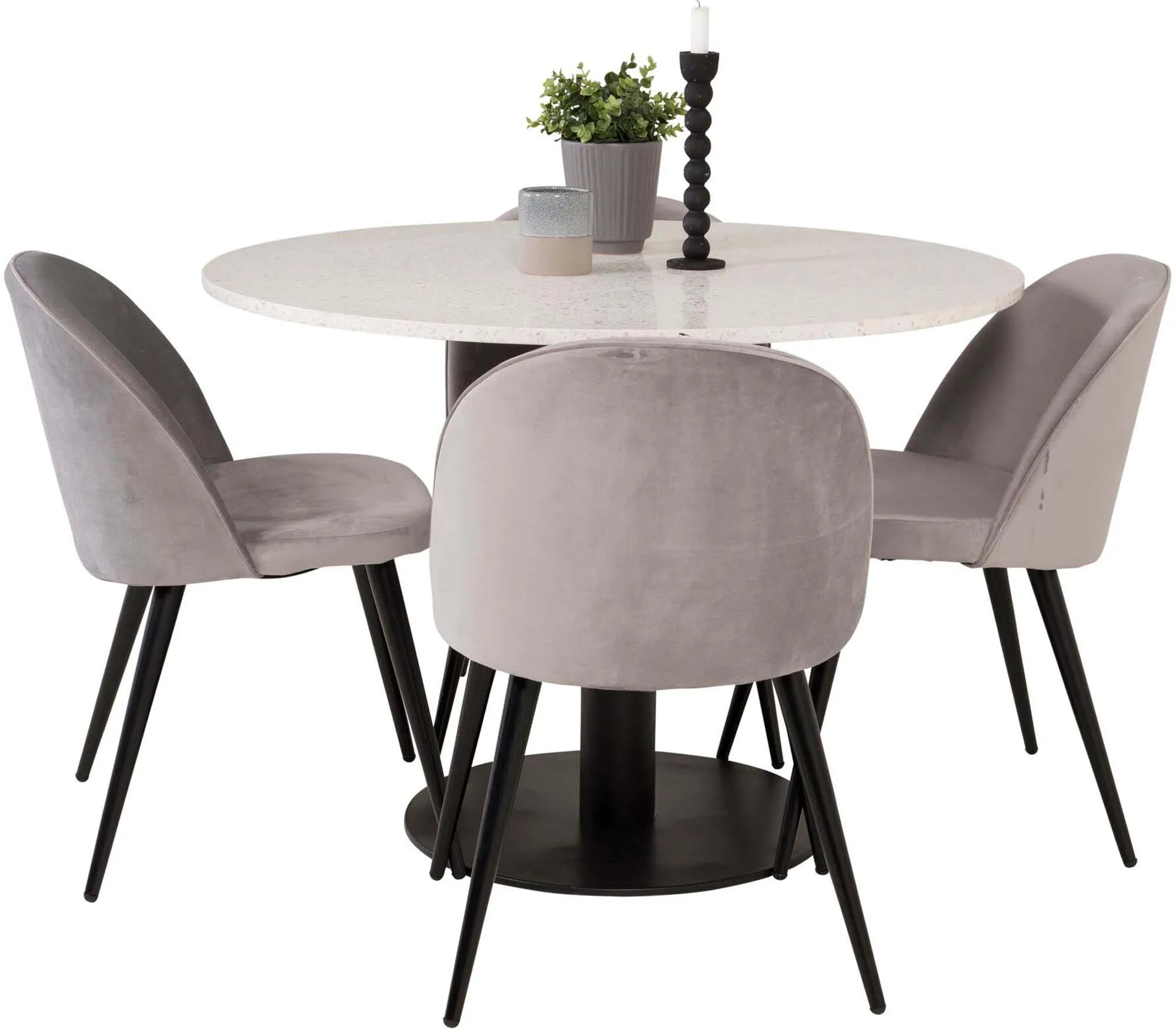 Elegantes Razzia Esszimmerset: Velvet-Tisch mit 4 Stühlen, 106cm.