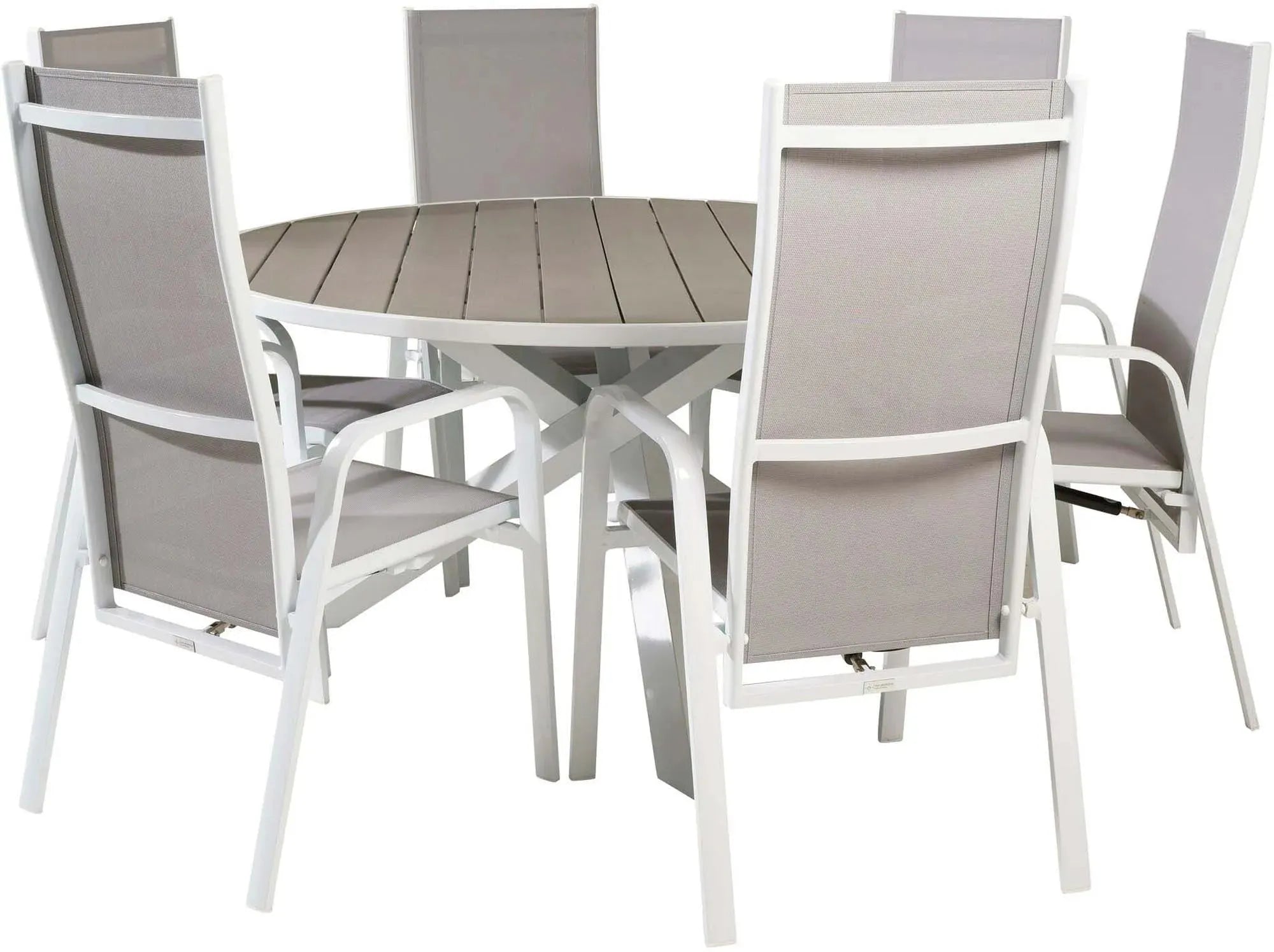 Stilvolles Parma Outdoor-Tischset mit 6 Copacabana Recliner-Stühlen, ideal für gesellige Abende im Freien. Wetterfest und komfortabel.