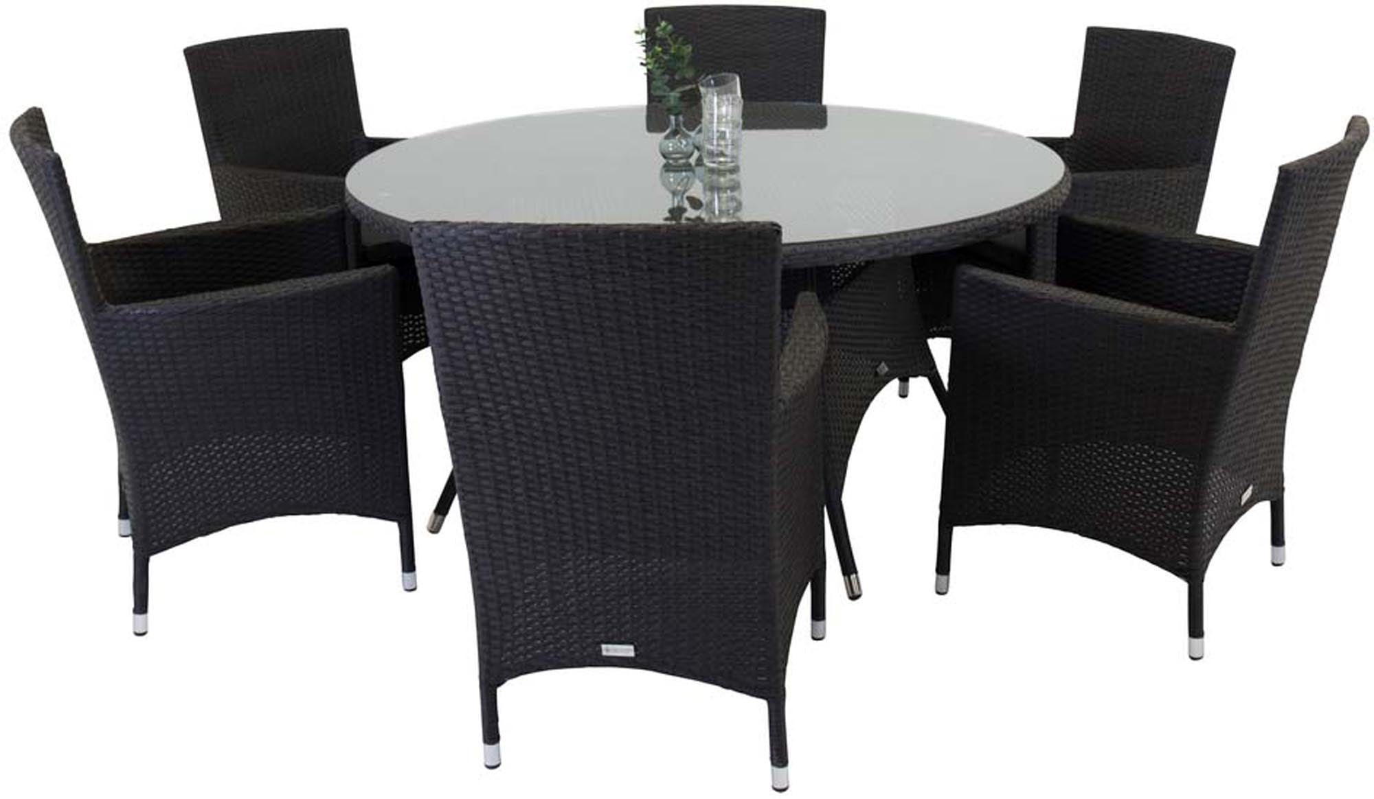 Volta Outdoor-Tischset + Malin ⌀150cm/6St. in Schwarzgrau präsentiert im Onlineshop von KAQTU Design AG. Gartentischset ist von Venture Home